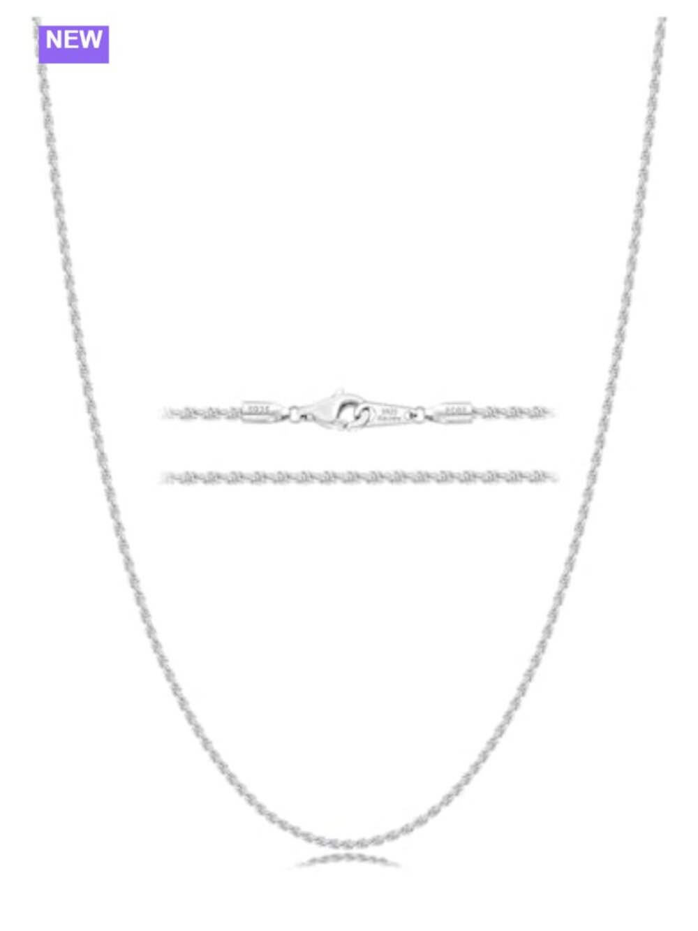 925 Sterling Silver Rope Chain 20" Rhodium Plated Necklace